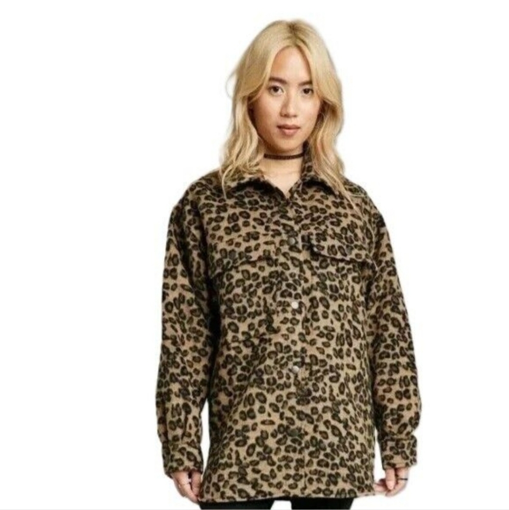Wild Fable | Brown Cheetah Print Cozy Shacket Jacket Jacquard Pockets Fleece